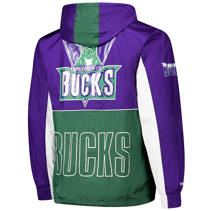 Men's Mitchell & Ness Green/Purple Milwaukee Bucks Hardwood Classics Big Shot Premium Full-Zip Windbreaker Jacket