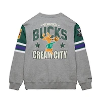 Men's Mitchell & Ness Heather Gray Milwaukee Bucks Hardwood Classics All Over 4.0 Pullover Sweatshirt