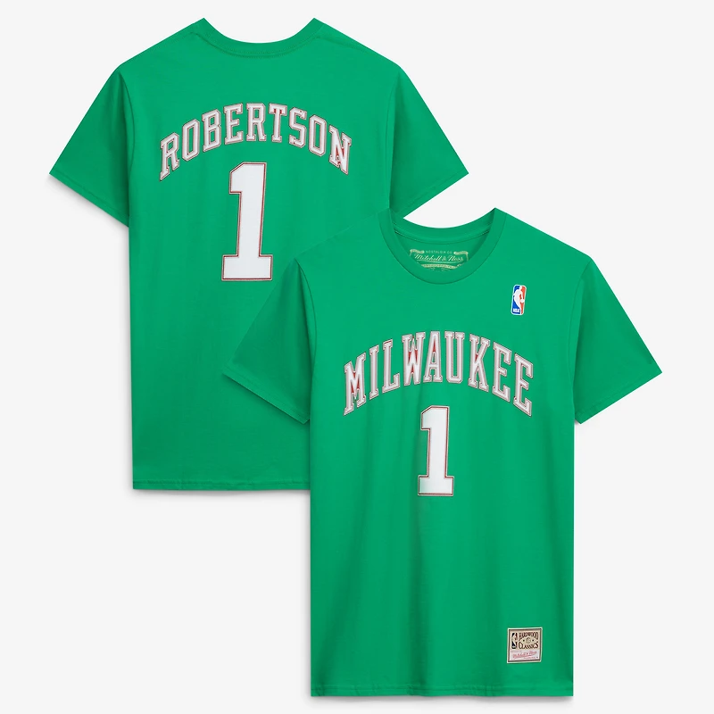 Men's Mitchell & Ness Oscar Robertson Green Milwaukee Bucks Hardwood Classics Stitch Name Number T-Shirt