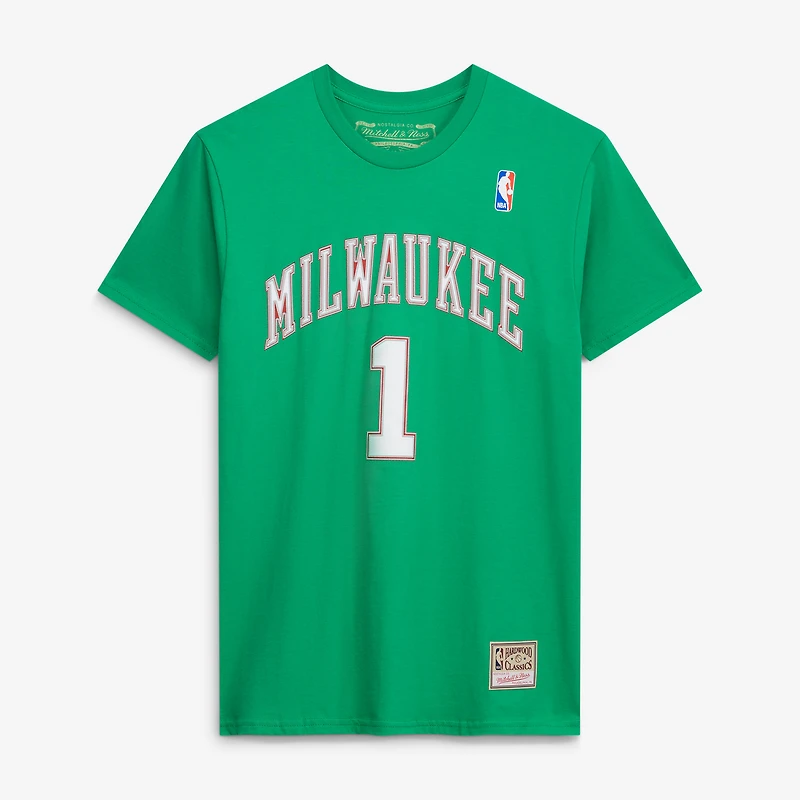 Men's Mitchell & Ness Oscar Robertson Green Milwaukee Bucks Hardwood Classics Stitch Name Number T-Shirt