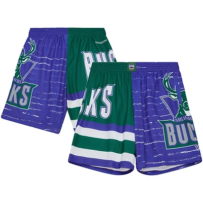 Men's Mitchell & Ness Purple/Hunter Green Milwaukee Bucks Jumbotron 3.0 Shorts