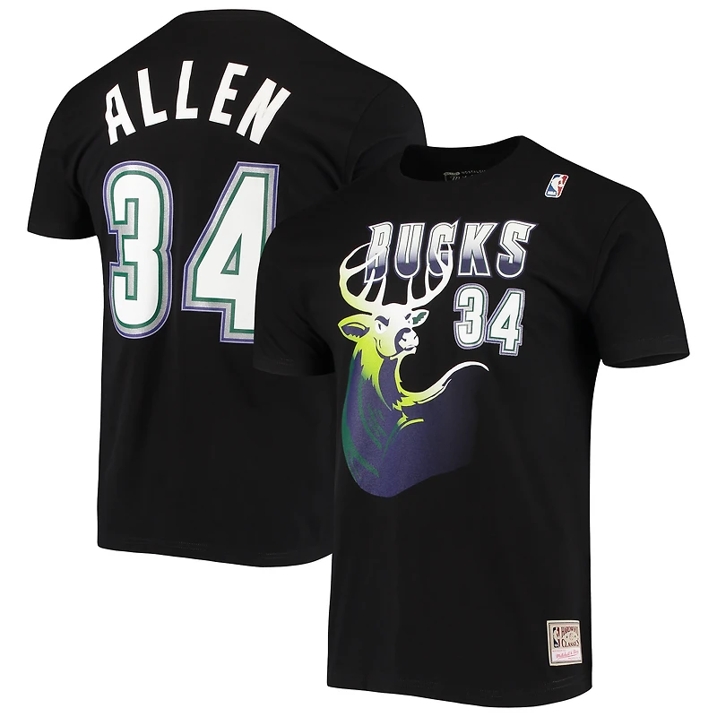 Men's Mitchell & Ness Ray Allen Black Milwaukee Bucks Hardwood Classics Stitch Name Number T-Shirt