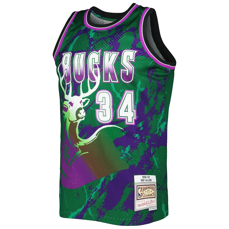 Men's Mitchell & Ness Ray Allen Green Milwaukee Bucks 1996/97 Hardwood Classics Marble Swingman Jersey