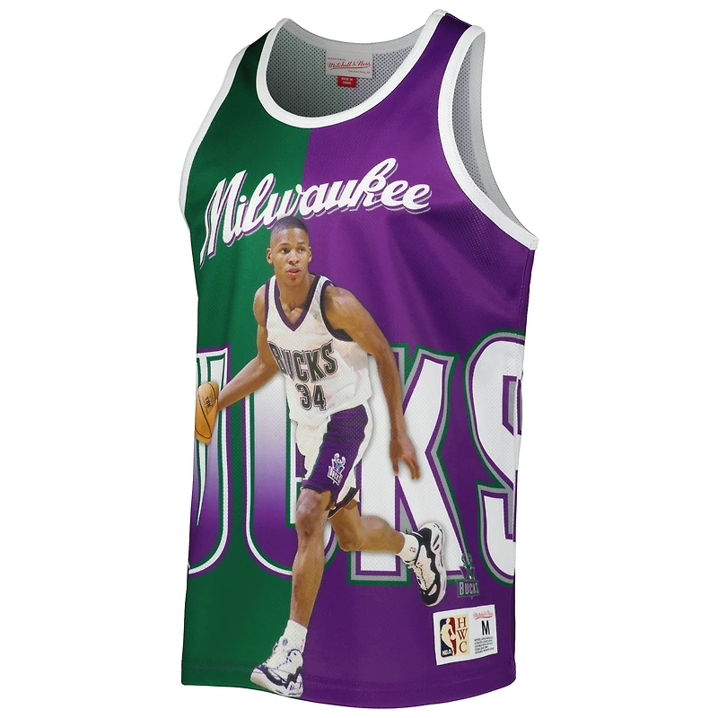 Men's Mitchell & Ness Ray Allen Hunter Green/Purple Milwaukee Bucks Sublimated Player Tank Top