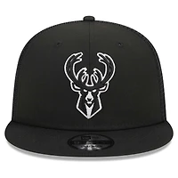 Casquette de camionneur à visière snapback Milwaukee Bucks 9FIFTY New Era noire pour homme