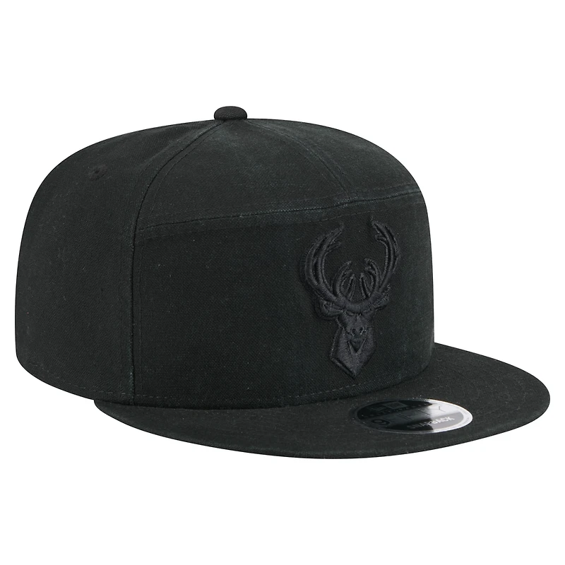 Men's New Era Black Milwaukee Bucks Adventure Canvas Split Panel 9FIFTY Snapback Hat