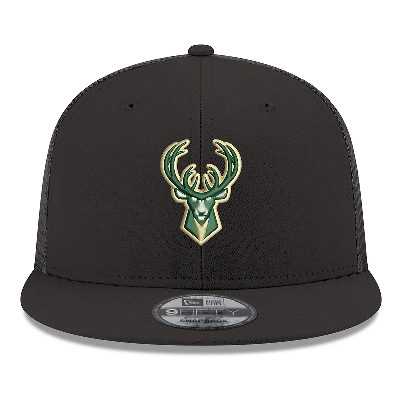 Casquette snapback New Era 9FIFTY noire pour homme, logo Milwaukee Bucks Core, maille.