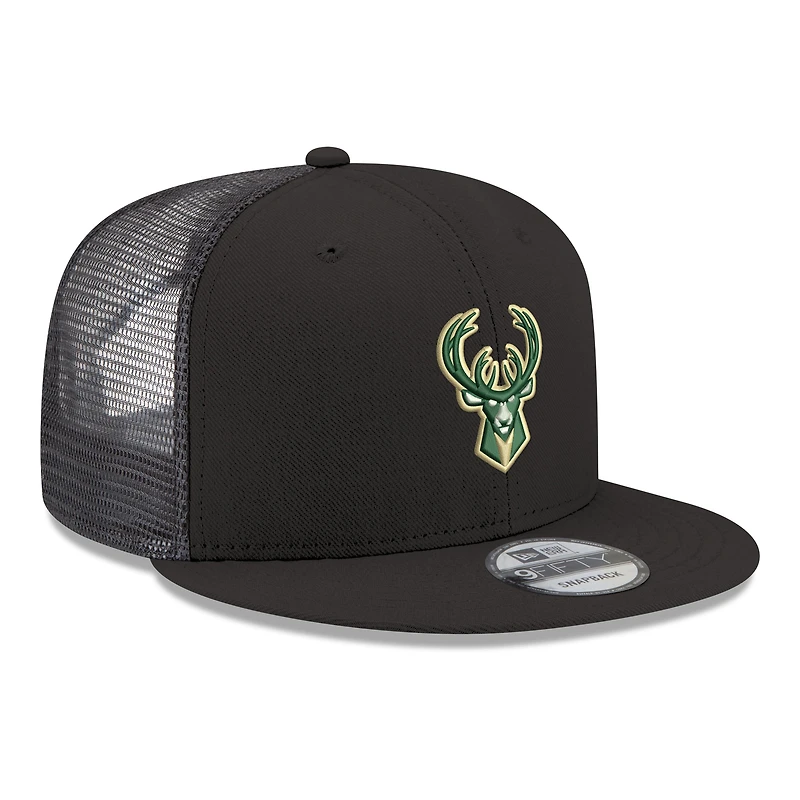 Casquette snapback New Era 9FIFTY noire pour homme, logo Milwaukee Bucks Core, maille.