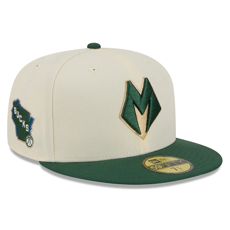 Casquette ajustée New Era 59FIFTY pour homme, couleur crème/vert chasseur, Milwaukee Bucks, édition City 2025/26