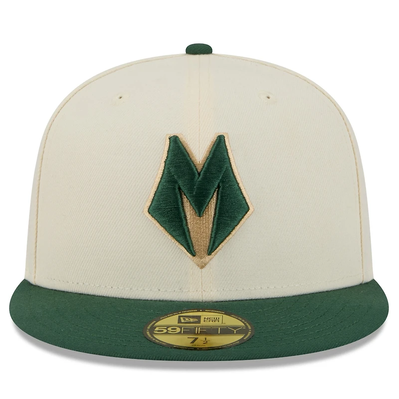 Casquette ajustée New Era 59FIFTY pour homme, couleur crème/vert chasseur, Milwaukee Bucks, édition City 2025/26