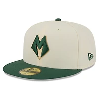 Casquette ajustée New Era 59FIFTY pour homme, couleur crème/vert chasseur, Milwaukee Bucks, édition City 2025/26