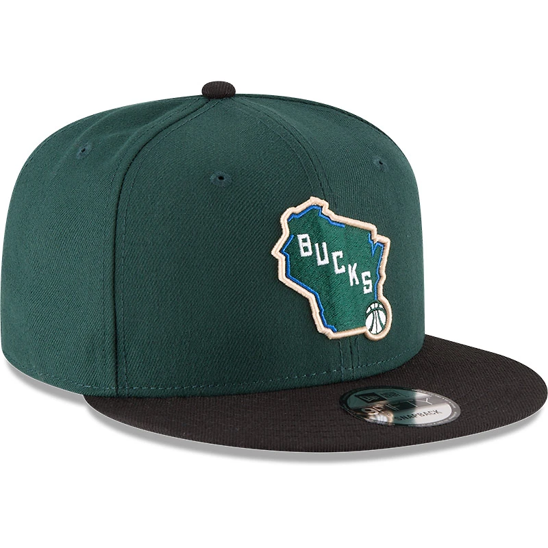 Casquette New Era 9FIFTY ajustable pour homme, vert chasseur/noir, Milwaukee Bucks.