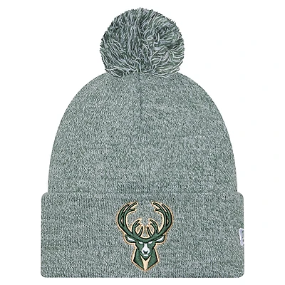 Bonnet en tricot chiné à revers et pompon Milwaukee Bucks vert chasseur New Era pour homme