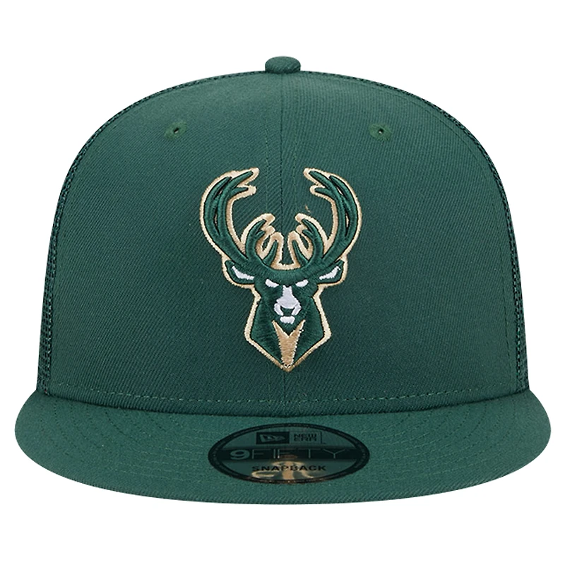 Casquette snapback 9FIFTY en maille à dos en maille Hunter Green Milwaukee Bucks de New Era pour homme