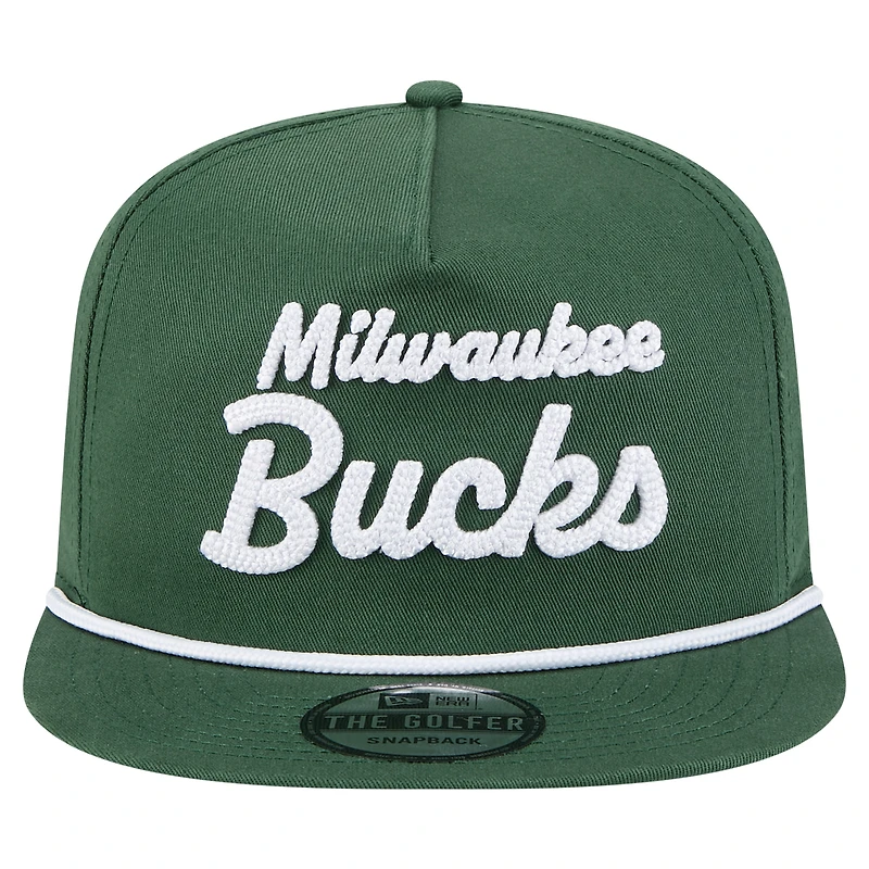 Men's New Era Hunter Green Milwaukee Bucks Team Text Golfer Snapback Hat