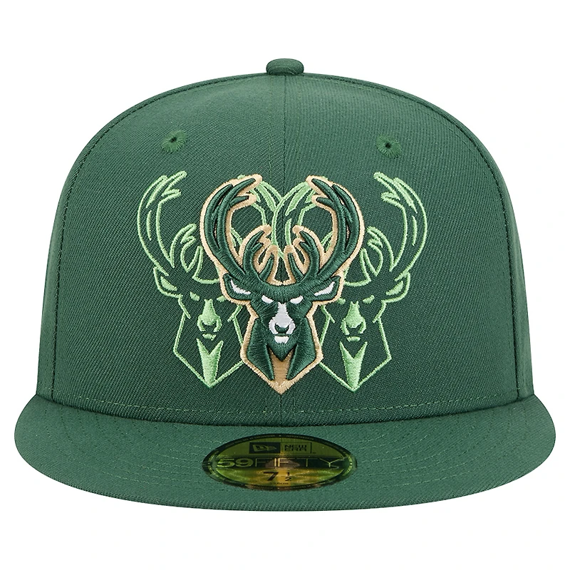 Casquette ajustée New Era 59Fifty Tri-Hit vert chasseur pour homme des Milwaukee Bucks
