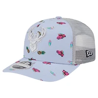 Men's New Era Light Blue/Gray Milwaukee Bucks Adventure Aloha Pattern 9SEVENTY Stretch-Snap Hat