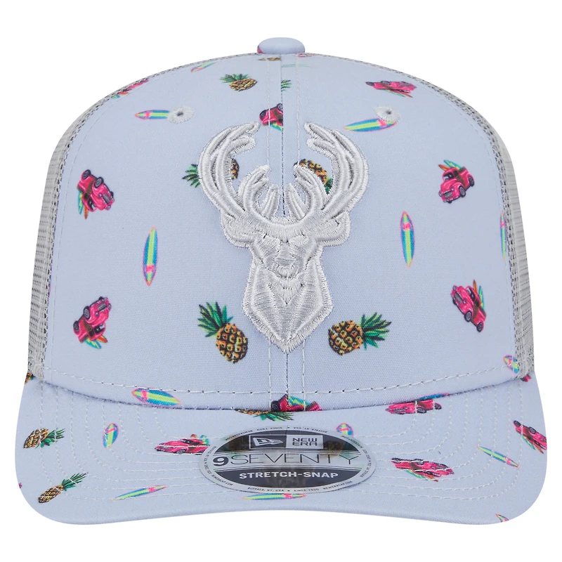 Men's New Era Light Blue/Gray Milwaukee Bucks Adventure Aloha Pattern 9SEVENTY Stretch-Snap Hat
