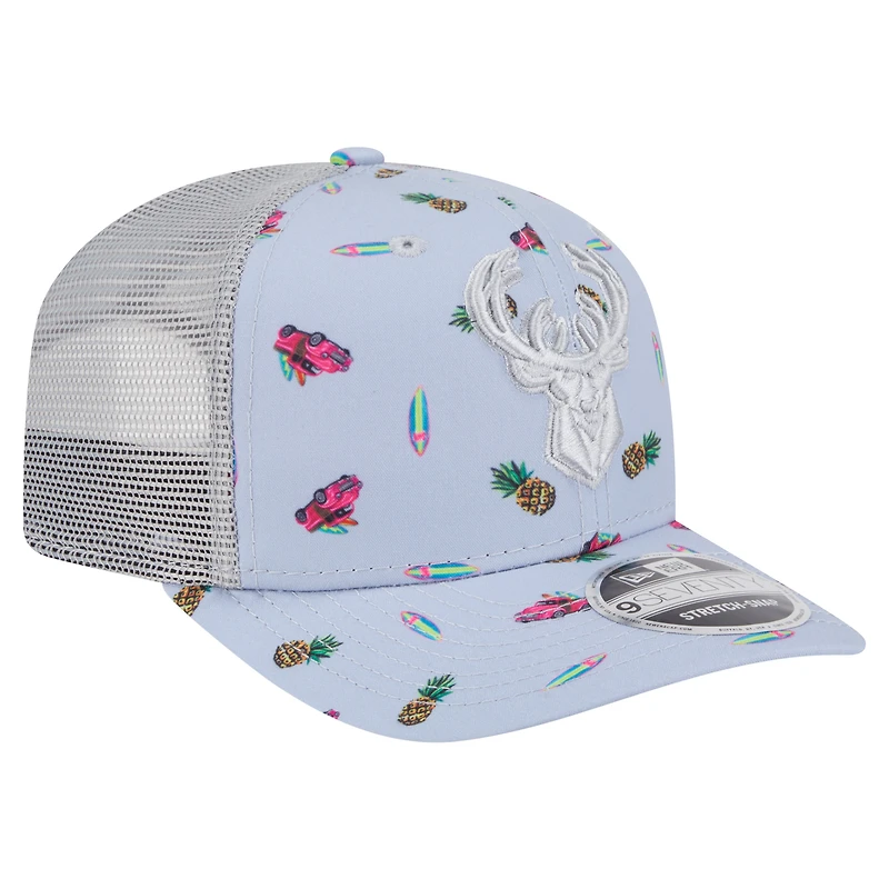 Men's New Era Light Blue/Gray Milwaukee Bucks Adventure Aloha Pattern 9SEVENTY Stretch-Snap Hat