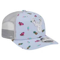 Men's New Era Light Blue/Gray Milwaukee Bucks Adventure Aloha Pattern 9SEVENTY Stretch-Snap Hat