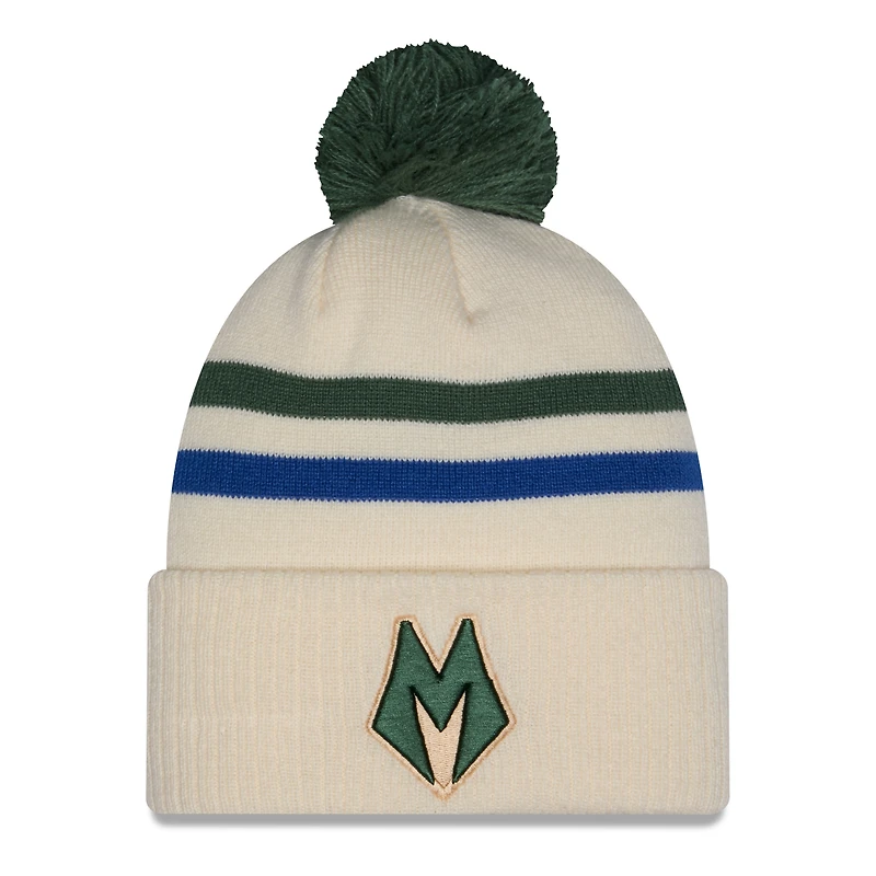 Men's New Era Tan/Hunter Green Milwaukee Bucks 2025/26 City Edition Cuffed Knit Hat with Pom