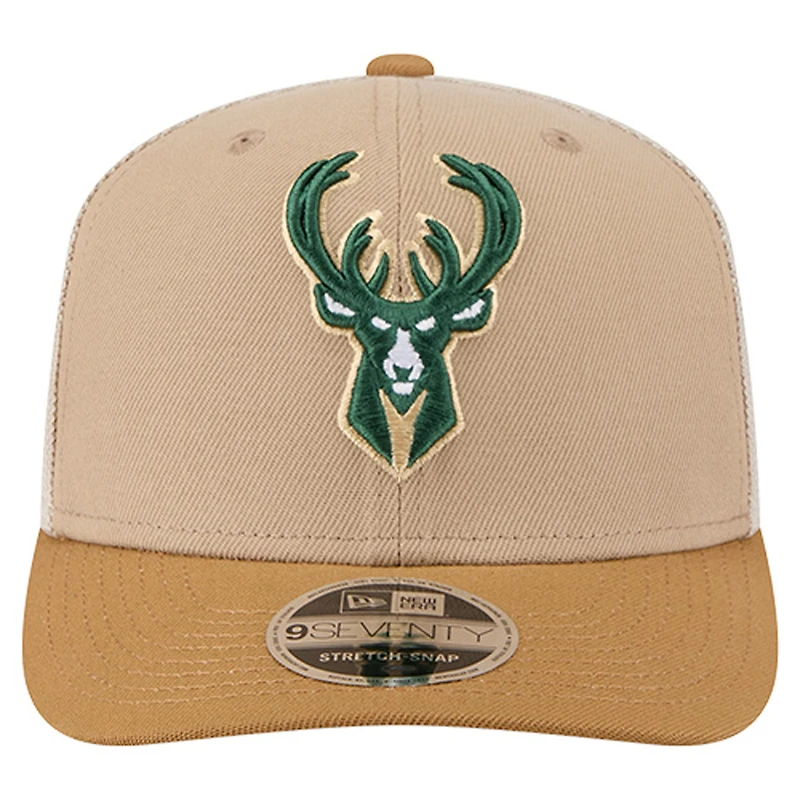 Men's New Era Tan/Light Brown Milwaukee Bucks Two-Tone 9SEVENTY Adjustable Trucker Hat