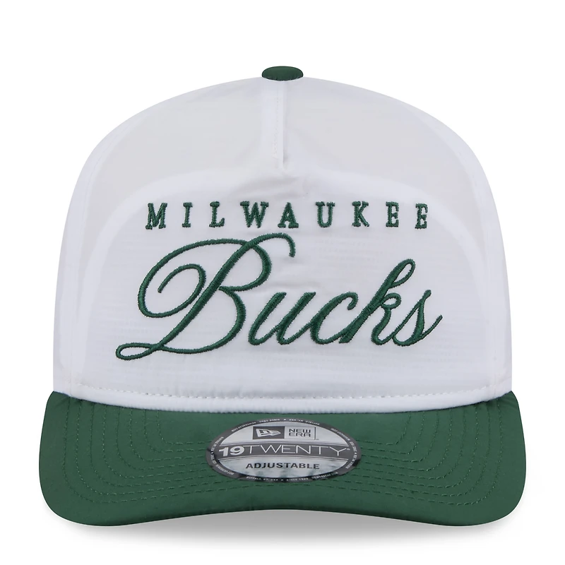 Casquette ajustable New Era 19TWENTY en nylon blanc/vert chasseur pour homme, draft NBA 2025, Milwaukee Bucks