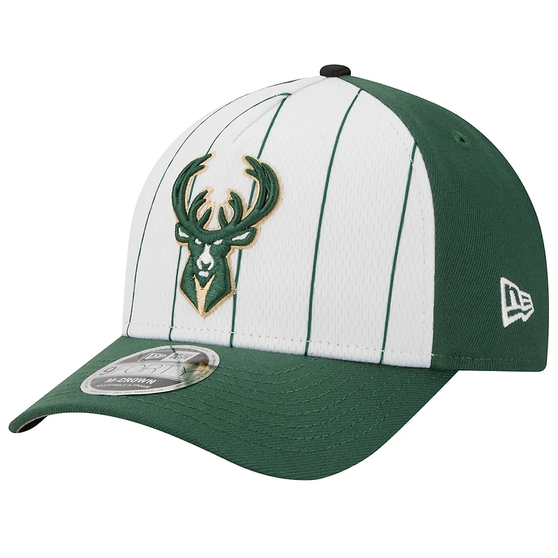 Men's New Era White/Hunter Green Milwaukee Bucks 2025 NBA Tip Off M-Crown A-Frame 9FORTY Adjustable Hat