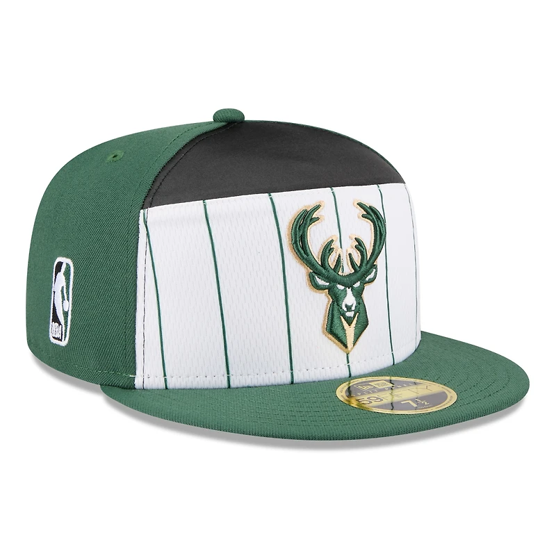 Men's New Era White/Hunter Green Milwaukee Bucks 2025 NBA Tip Off Split Panel 59FIFTY Fitted Hat