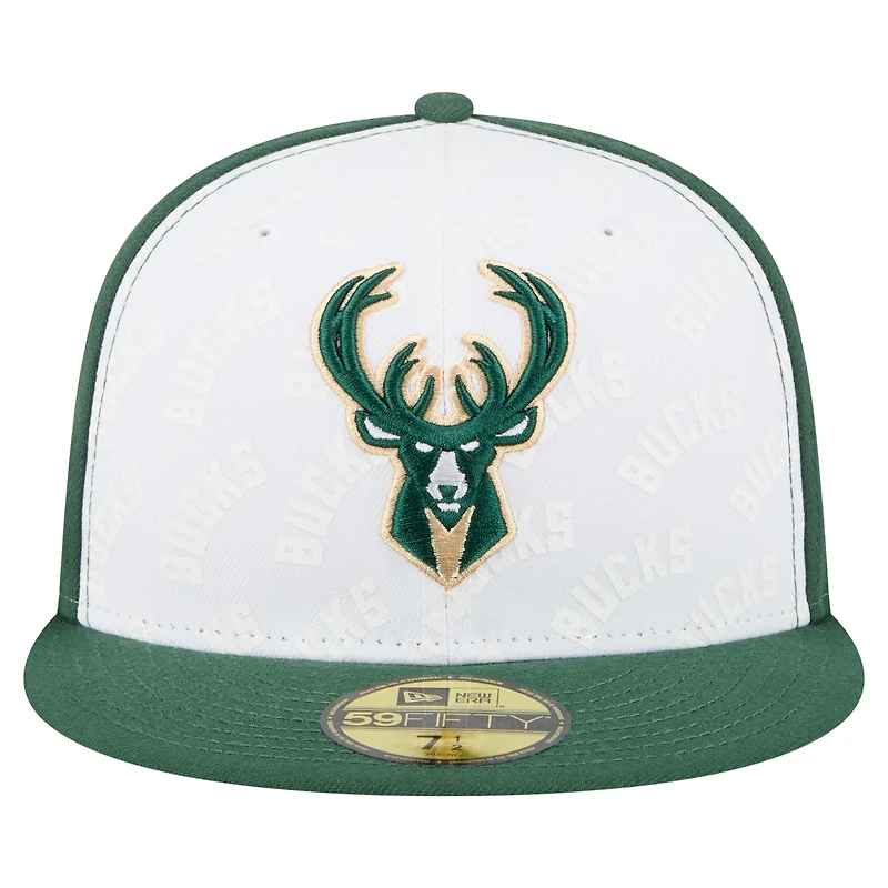 Men's New Era  White/Hunter Green Milwaukee Bucks Repeat 59Fifty Fitted Hat