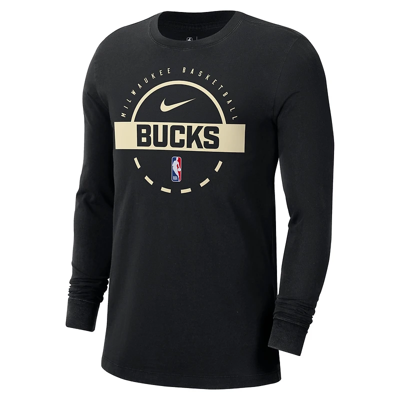 T-shirt d'entraînement Nike noir authentique à manches longues pour homme des Milwaukee Bucks