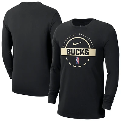 T-shirt d'entraînement Nike noir authentique à manches longues pour homme des Milwaukee Bucks