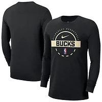 T-shirt d'entraînement Nike noir authentique à manches longues pour homme des Milwaukee Bucks