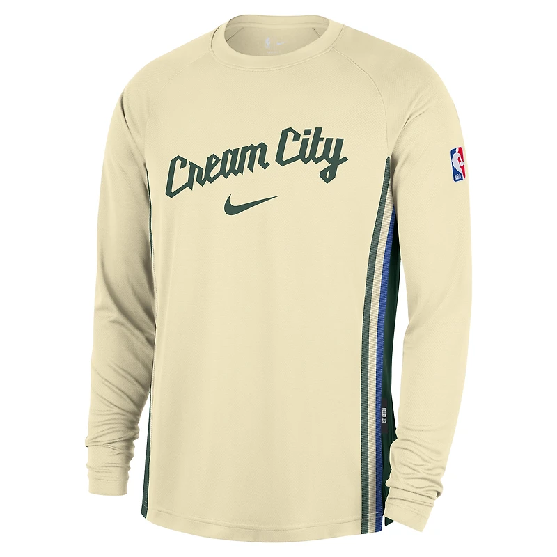 Men's Nike Cream Milwaukee Bucks 2025/26 City Edition Authentic Pregame Dri-FIT Long Sleeve Shooting T-Shirt
