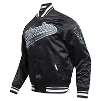 Veste universitaire en satin à boutons-pression complets Milwaukee Bucks Script Tail Pro Standard noire pour hommes