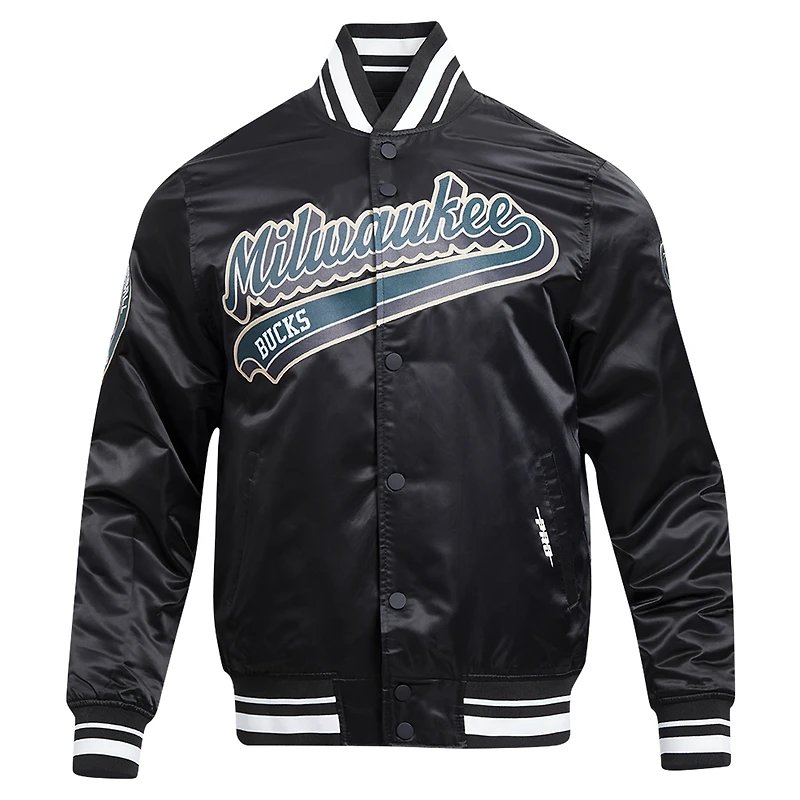 Veste universitaire en satin à boutons-pression complets Milwaukee Bucks Script Tail Pro Standard noire pour hommes