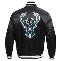 Veste universitaire en satin à boutons-pression complets Milwaukee Bucks Script Tail Pro Standard noire pour hommes