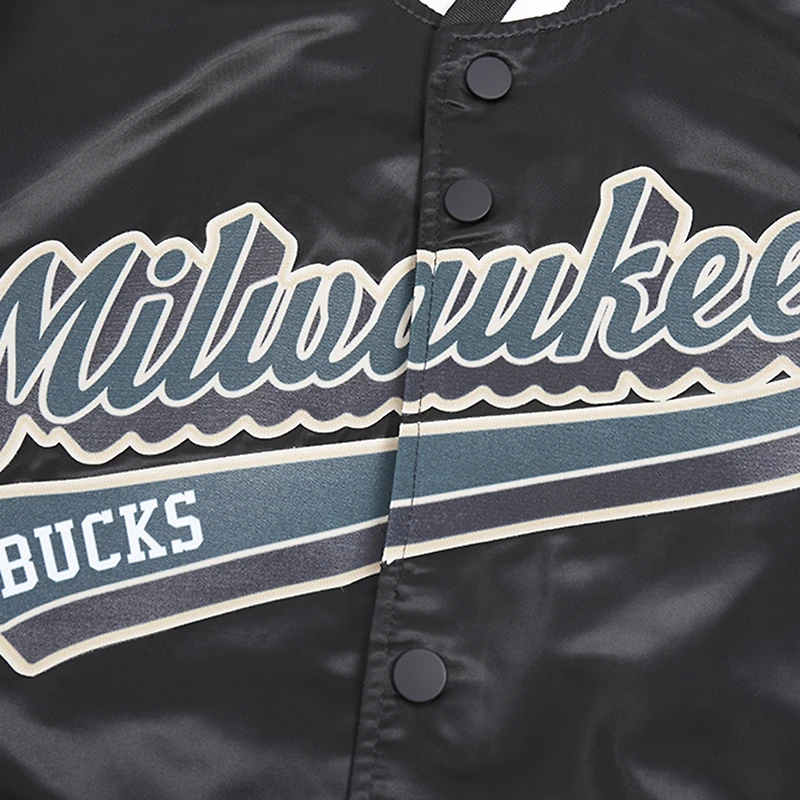Veste universitaire en satin à boutons-pression complets Milwaukee Bucks Script Tail Pro Standard noire pour hommes