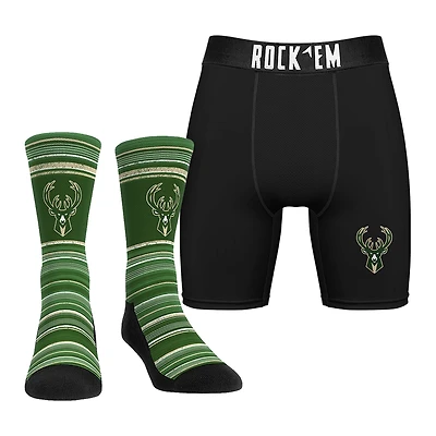 Pack combiné de chaussettes et caleçons boxeurs Rock Em Socks Milwaukee Bucks Primary Crew pour hommes