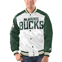 Veste universitaire à bouton-pression en satin Renegade Milwaukee Bucks Starter blanc/vert chasseur pour hommes