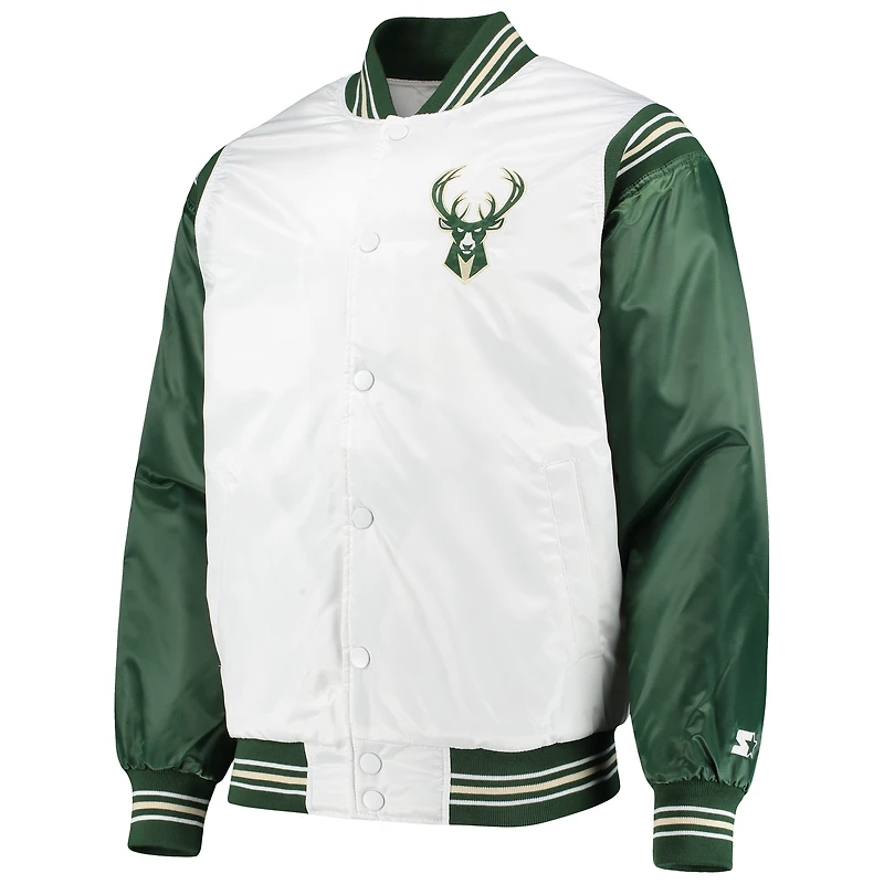 Veste à boutons-pression en satin pour homme Starter White/Hunter Green Milwaukee Bucks Renegade Varsity