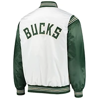 Veste à boutons-pression en satin pour homme Starter White/Hunter Green Milwaukee Bucks Renegade Varsity
