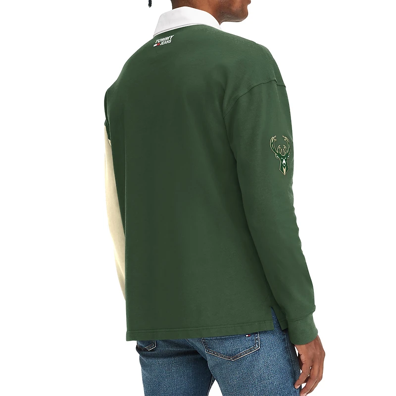 Men's Tommy Jeans Green/Cream Milwaukee Bucks Ronnie Rugby Long Sleeve T-Shirt