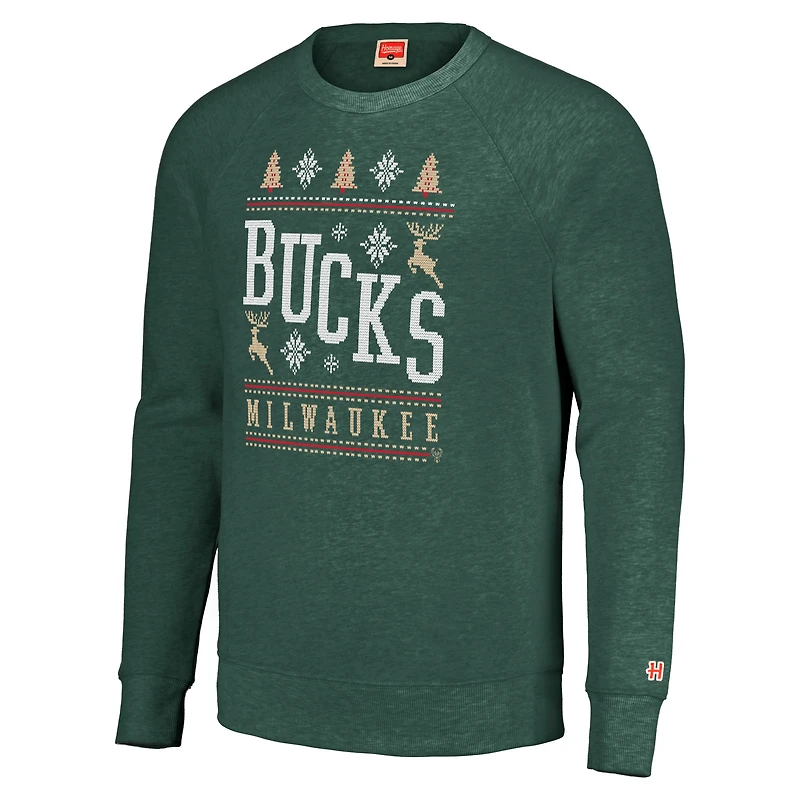 Sweat-shirt unisexe Hommage Hunter Green Milwaukee Bucks Holiday Raglan