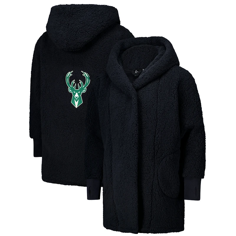 Sweat à capuche ouvert surdimensionné noir Milwaukee Bucks par Jill Martin, le meilleur transat du monde