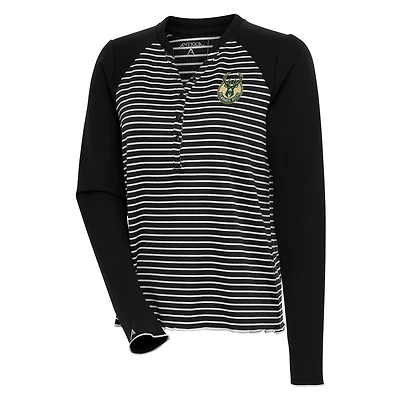 Women's Antigua  Black Milwaukee Bucks Maverick Long Sleeve Henley T-Shirt
