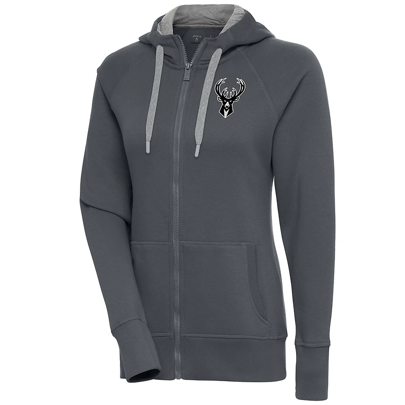 Women's Antigua  Charcoal Milwaukee Bucks Brushed Metallic Victory Full-Zip Hoodie