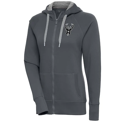 Women's Antigua  Charcoal Milwaukee Bucks Brushed Metallic Victory Full-Zip Hoodie