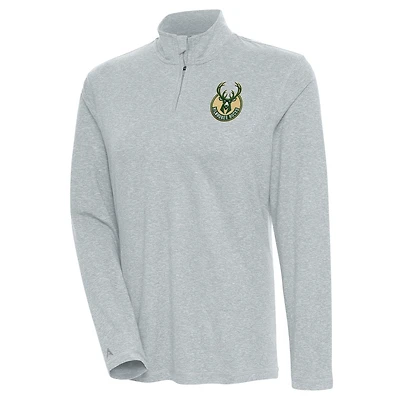 Women's Antigua  Heather Gray Milwaukee Bucks Confront Quarter-Zip Pullover Top