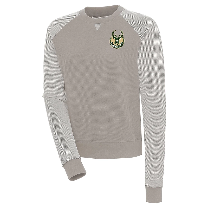 Women's Antigua Oatmeal Milwaukee Bucks Flier Bunker Tri-Blend Pullover Sweatshirt